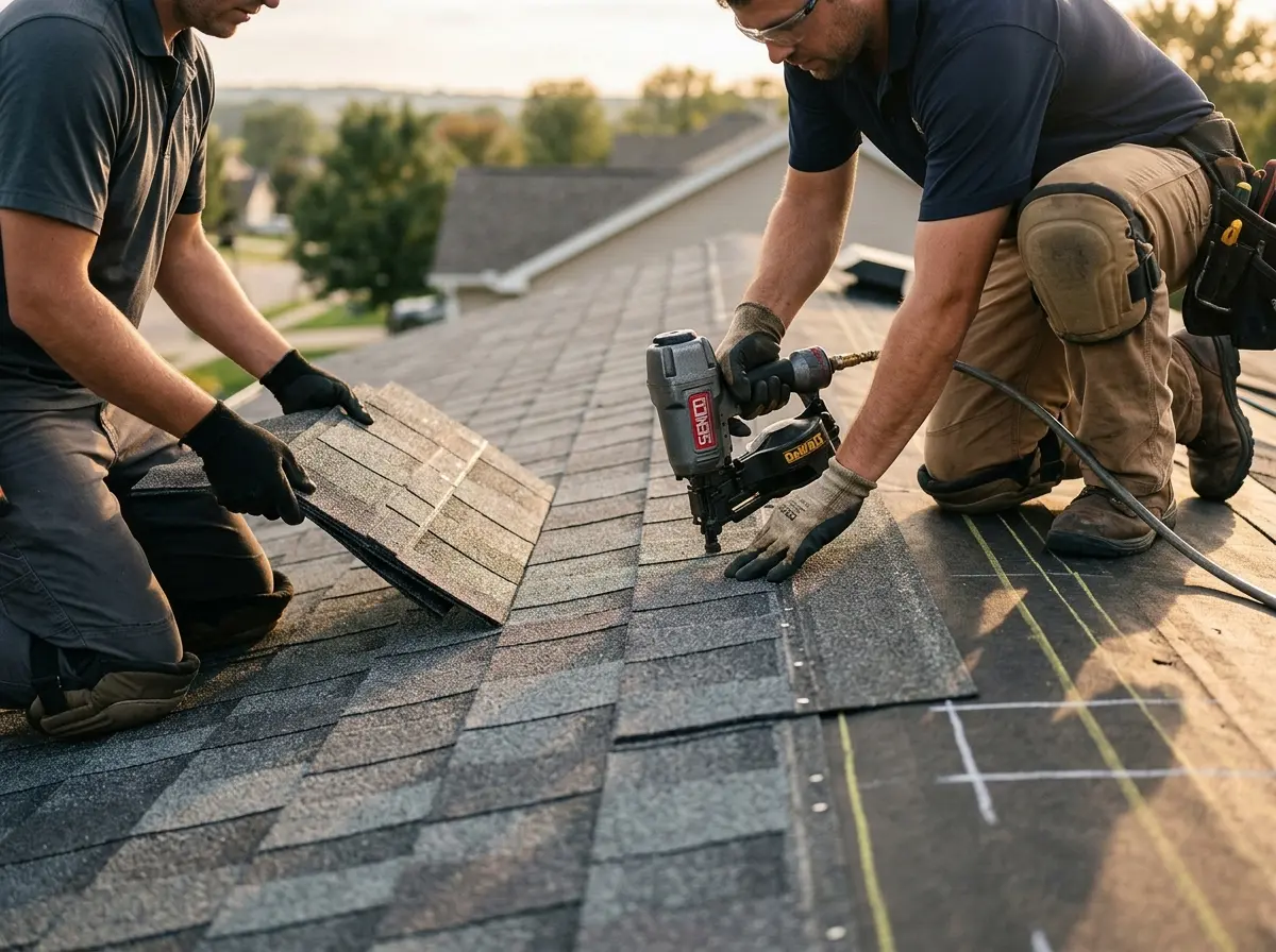 Professional roofer working on a residential roof in Moon